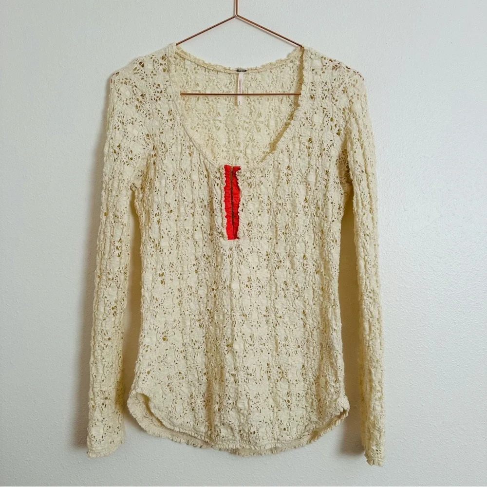 Free People Floral Pattern Lace Long Sleeve Ivory Casual Blouse Top Boho